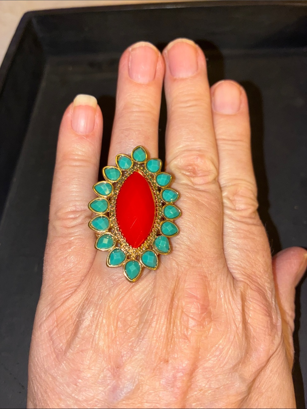 Gold-Tone Red and Teal Marquise Statement Ring